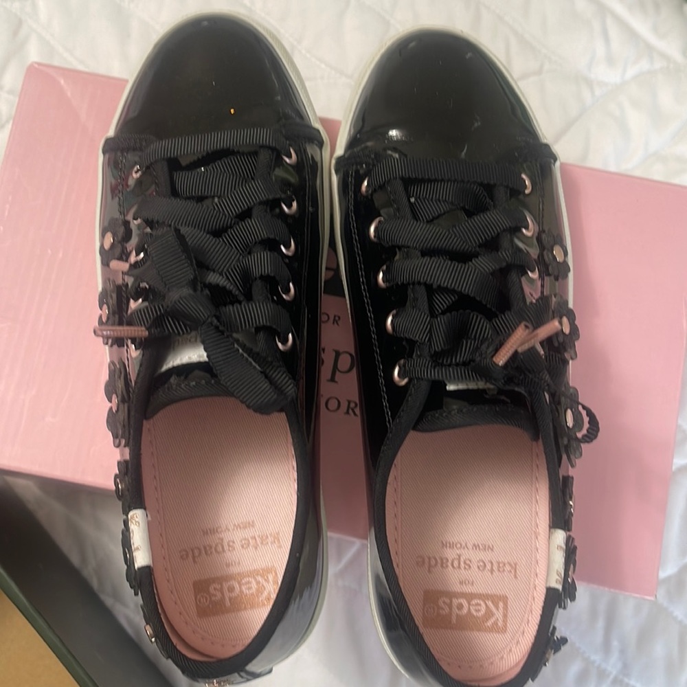 Meds for Kate Spade. Black patent leather with ribbon laces